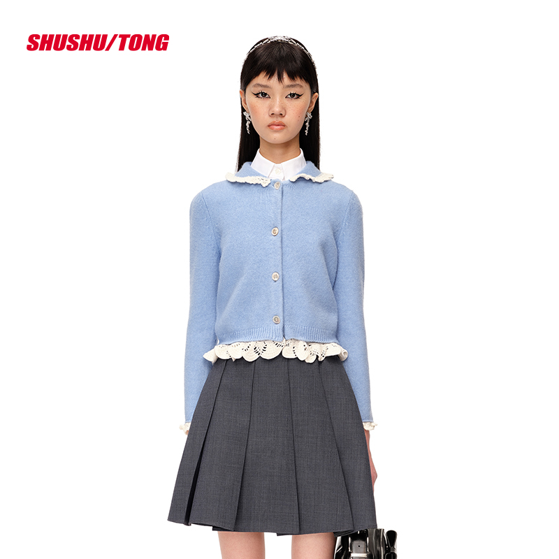 【SHUSHUTONG】2023秋冬新款气质花边装饰长袖软糯针织开衫外套女