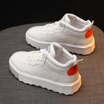 High-top leather small white shoes womens 2021 new autumn explosive Joker muffin thick-bottomed autumn cowhide Sports Board Shoes