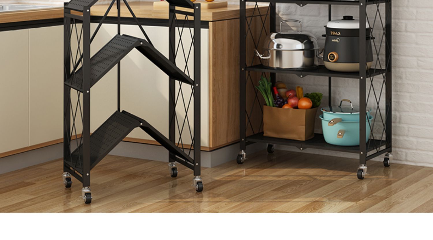 折叠式厨房置物架落地多层收纳架微波炉烤箱锅带轮家用储物货架