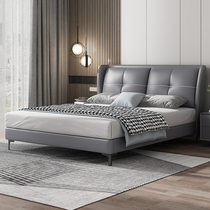 Simple modern leather bed Master Bedroom 1 8 m head layer cowhide bed light luxury double bed custom Italian Minimalist soft bed