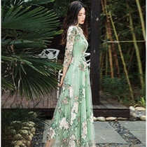 Embroidered long skirt slim mesh embroidered long waist swing skirt over knee dress women