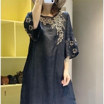 New high-end embroidered cotton linen dress children summer long Net Red Black size cover belly temperament