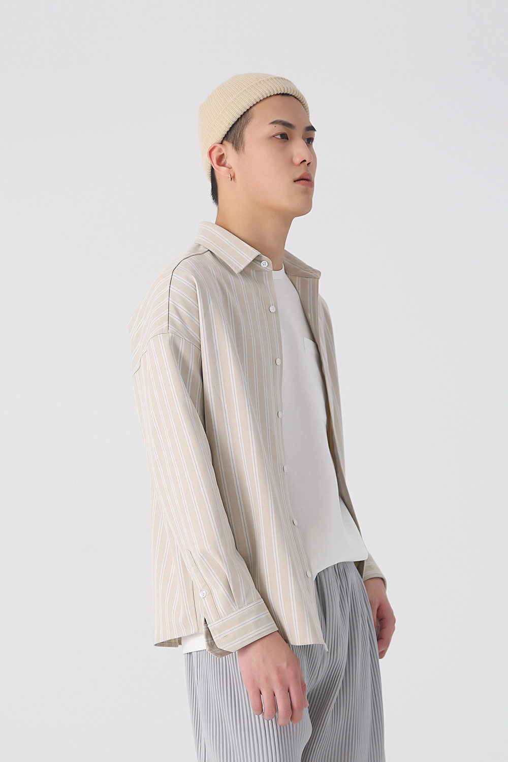 hlcomankuyiou设计师款前倒肩垂顺廓形竖条纹宽角领宽松休闲长袖衬衫