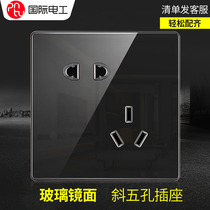 International electrical household 86 oblique five-hole household acrylic wall type black glass surface dislocation five-hole socket