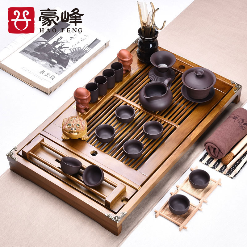 HaoFeng solid wood tea tray of a complete set of tea set tea saucer sea ice to crack your up kung fu suit of blue and white porcelain