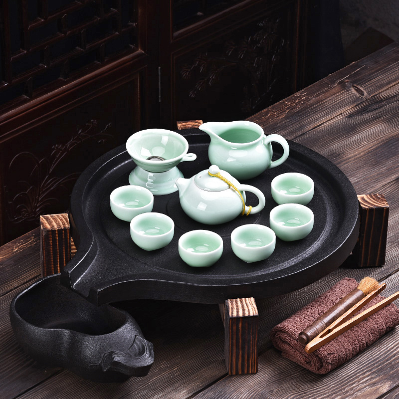 HaoFeng purple ceramic tea set household kung fu tea tray was real wood imitation sharply stone tea tray cups tea taking