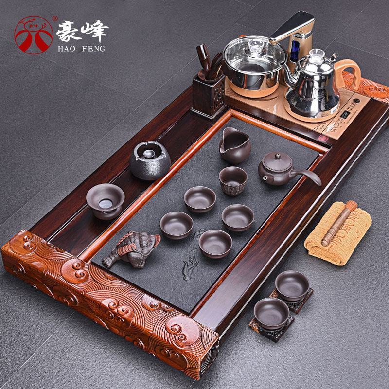 HaoFeng purple sand tea set home four unity automatically ebony tea tray was kung fu tea tea tea