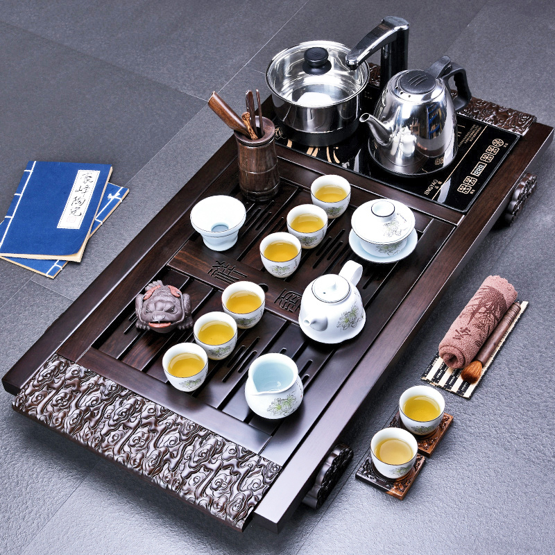 HaoFeng ebony wood tea tray ceramic gifts sets of a complete set of violet arenaceous kung fu tea set with four unity of electrical appliances