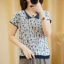 2020 summer v-neck cotton and hemp knitted short-sleeved womens cotton T-shirt loose top printed half-sleeve casual base shirt