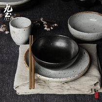 Handcrafted Coarse Pottery Retro Bowl Cutlery Cutlery and wind tray Dish Trays Dish Home Minimalist Daily Style Duo Food Suit