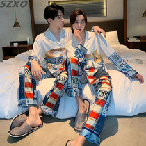 SZVA couples pajamas ice silk spring and autumn thin long sleeve trousers large size silk personality casual men's and women's household clothing