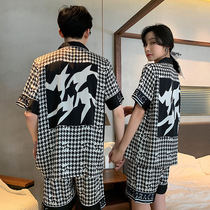 SZVA summer ice silk couples pajamas women's short sleeve shorts casual loose personality men's silk home clothing suit