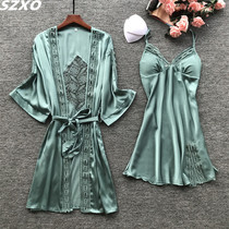 SZVA ice silk pajamas women's spring and autumn condole belt nightgown with chest pad sexy thin luxury silk nightgown home clothes