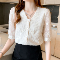 Dont To Temperament V Lead Lace Blouse Women Short Sleeve Summer Womens Dress 2022 New Snow-spinning Jersey Wave