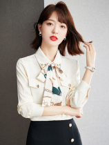 European Standing Print Snowspun Shirt Woman Long Sleeve Early Spring 2022 New Temperament Bow Tie Shirt Foreign Airwear