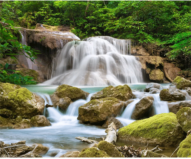 自然风光瀑布3d风景客厅电视背景墙壁纸流水生财壁画山水荷花墙