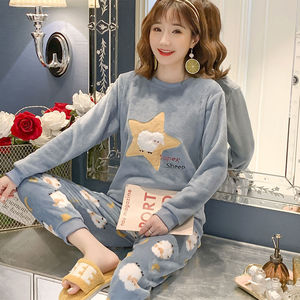 睡衣女冬珊瑚绒韩版大码可爱秋冬款加厚法兰绒女士家居服春秋套装