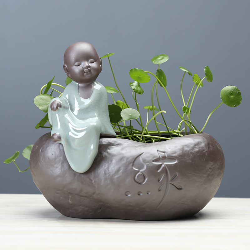 Chinese zen desktop hydroponic ceramic vase desktop young monk violet arenaceous water raise money plant plant pot vessel