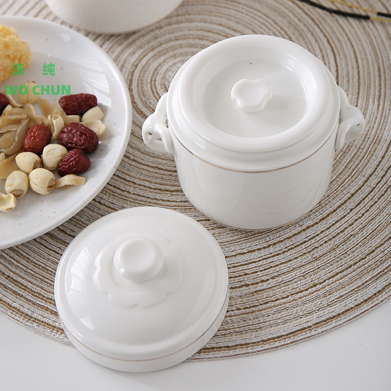 Waterproof ceramic stewing ipads porcelain cup double cover bird 's nest shark' s fin cup double cover white circular high - grade paint line stew pot pot