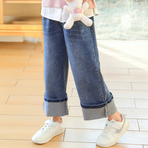  Girls  western style jeans 2021 new spring and autumn wide-legged middle-aged childrens western style little girl childrens pants to wear outside