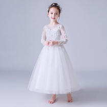Childrens dress Princess skirt puffy gauze autumn foreign girl high-end host long sleeve flower girl white wedding dress
