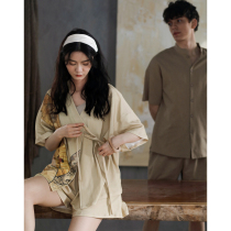 Couple pajamas womens summer thin cotton kimono two-piece set 2021 new mens summer short-sleeved home wear