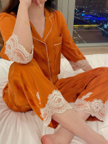 Pajamas female summer ice silk thin quarter sleeve home clothing silk suit 2021 new female summer two-piece set