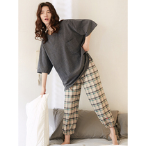 Pajamas womens summer thin cotton sleeve home clothes 2021 new womens summer Korean version of cotton two-piece