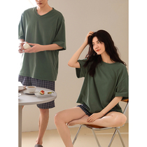 Couple pajamas womens summer cotton thin two-piece set 2021 new mens summer cotton short-sleeved home wear