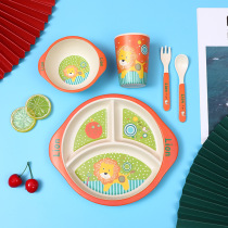 Childrens dinner plate grid Bamboo fiber baby learns to eat household supplementary food bowls spoons cups baby garden tableware set