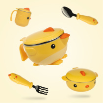 Childrens water injection bowl Baby baby supplementary food bowl Anti-fall and anti-scalding insulation stainless steel tableware spoon set suction cup bowl