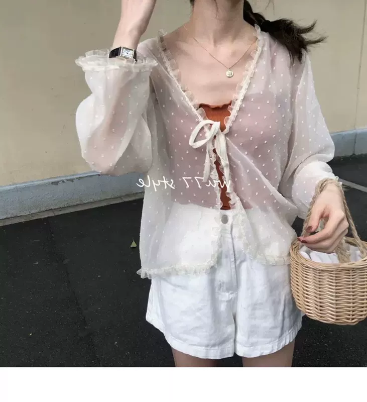 Nàng tiên nữ mùa hè bằng voan với áo cardigan choàng ngắn với váy dây - Áo sơ mi chiffon ren