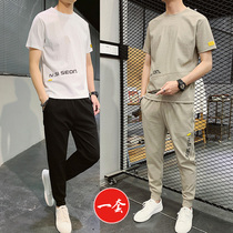 Summer short-sleeved T-shirt mens Korean version of the trend leisure suit Summer ice silk thin section quick-drying two-piece set of tide brand clothes