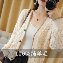 100% Pure Wool Hollow Leakage Knit Top Women Cardigan Sweater 2021 New Fashion Thin Early Autumn