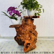 Natural root carving flower stand solid wood carving base Log multi-layer Green Lotus shelf living room floor-standing tree root ornaments