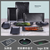 Black commercial hot pot plate dish imitation porcelain melamine tableware barbecue rectangular creative barbecue beef plate snacks