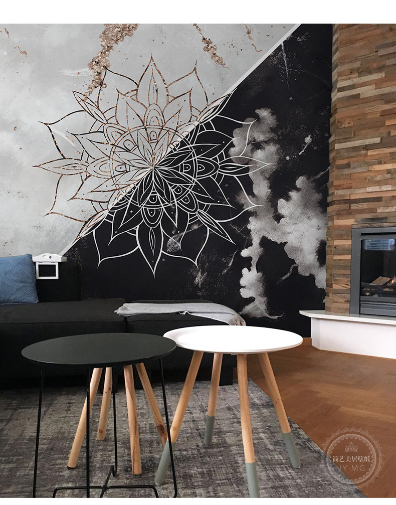 黑白撞色现代简约风格客厅背景墙装饰壁画卧室墙布简艺美居壁纸