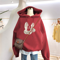 women's spring autumn thin fleece hooded Mickey sweatshirt new 2022 thick loose bordeaux mid-length coat