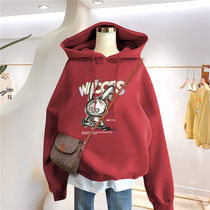 2022 new loose Korean style spring and autumn thin mid-length hooded sweatshirt women's fleece thick burgundy top