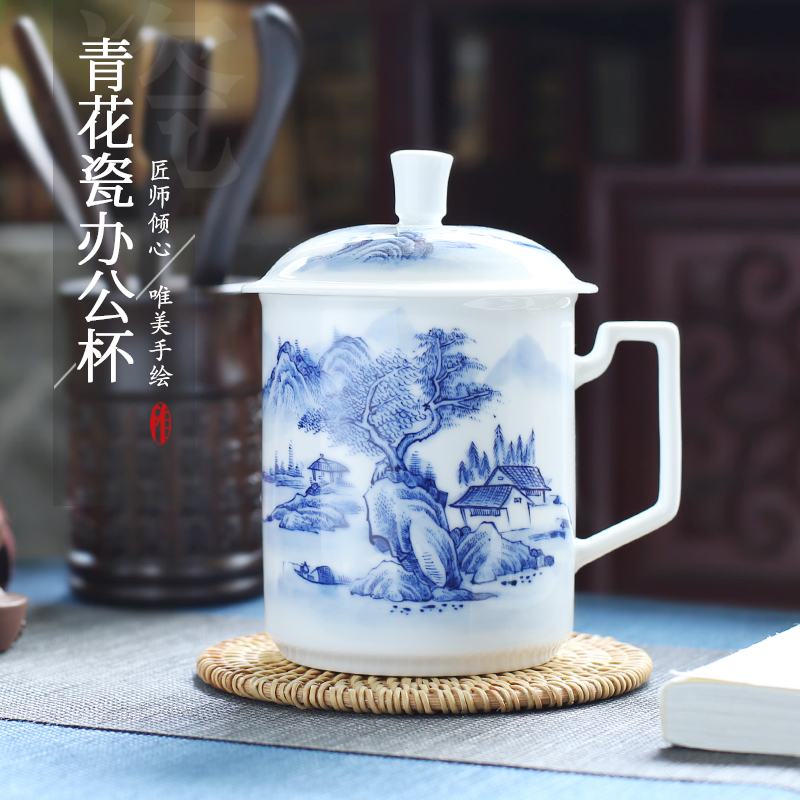 Jingdezhen up the fire which ceramic teacups hand - made scenery blue and white porcelain cup personal business office cup gift box