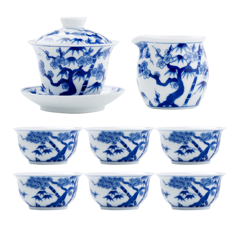 Jingdezhen up the fire which high - grade ceramic kung fu tea set suit household hand - made kung fu tureen of blue and white porcelain cup