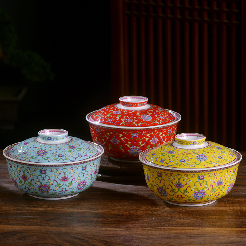 Jingdezhen famille rose porcelain mercifully rainbow such use household with cover a small bowl of soup bowl factory dormitory tableware use of microwave oven