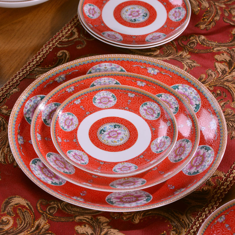Jingdezhen ceramics bowl plates spoon tableware ceramic antique bowl of red of Chinese style household send gift set tableware
