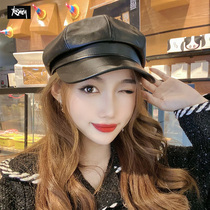 Beret female leather pu octagonal hat British retro summer thin style ins painter Bud hat