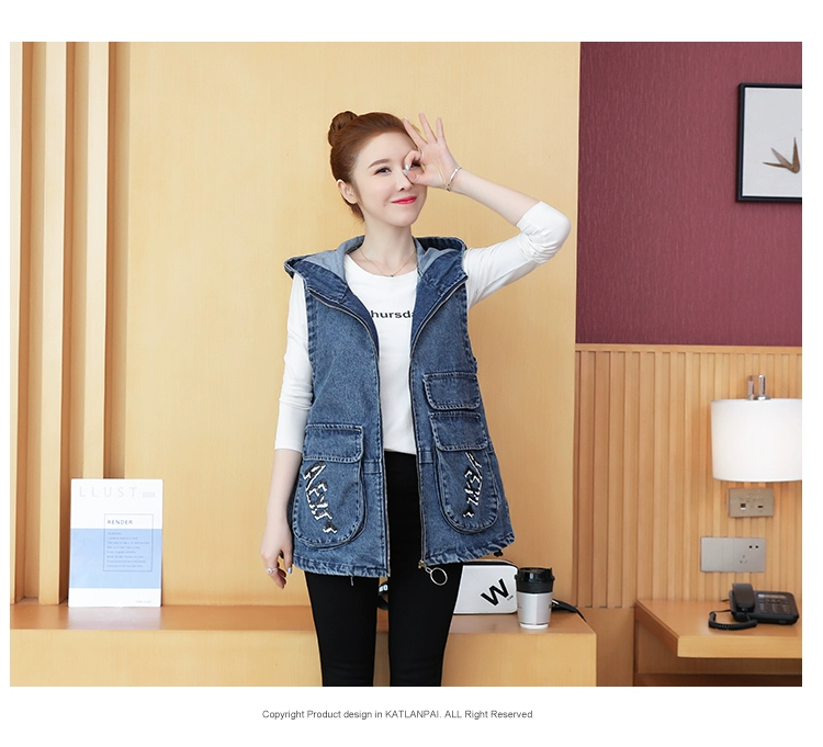 2021 mới phong cách Hàn Quốc áo vest denim rời phụ nữ mùa xuân, mùa thu và mùa hè cộng với kích thước áo khoác không tay của phụ nữ Áo khoác ghi lê thời trang - Áo vest