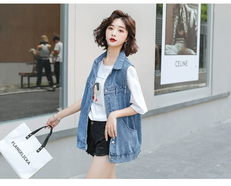 Mùa hè của phụ nữ lưới màu đỏ áo vest denim hoang dã phiên bản Hàn Quốc của áo khoác vest không tay rộng rãi áo khoác vest nữ triều retro cũ - Áo vest