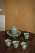 (Huayintang)Jingdezhen ceramic tea set Celadon blue and white hand-painted poetry single cup with silver mouth tea cup
