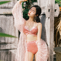 Xia 2021 new fairy swimsuit female sexy three-piece mesh blouse three-point big chest Super exposed bikini
