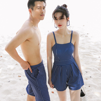 Seaside Honeymoon Couple Swimsuit Female 2021 New Conservative Slim Stripe Flat Corner Hot Spring Couple Set Beach