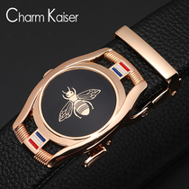 Mens belt leather automatic buckle high-end casual mens pants belt two-layer real cowhide Korean version of the tide bee